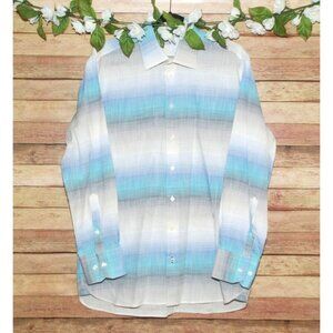 Sebastien James Designer Men L Button Down Dress Shirt Blue Stripe Cotton Luxury